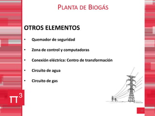 PLANTA DE BIOGÁS

OTROS ELEMENTOS
•   Quemador de seguridad

•   Zona de control y computadoras

•   Conexión eléctrica: Centro de transformación

•   Circuito de agua

•   Circuito de gas




                                                   10
 