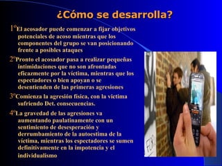 ¿Cómo se desarrolla? 1º El acosador puede comenzar a fijar objetivos potenciales de acoso mientras que los componentes del grupo se van posicionando frente a posibles ataques . 2º Pronto el acosador pasa a realizar pequeñas intimidaciones que no son afrontadas eficazmente por la víctima, mientras que los espectadores o bien apoyan   o se desentienden de las primeras agresiones . 3º Comienza la agresión física, con la victima sufriendo Det. consecuencias. . 4º La gravedad de las agresiones va aumentando paulatinamente con un sentimiento de desesperación y derrumbamiento de la autoestima de la víctima, mientras los espectadores se sumen definitivamente en la impotencia y el individualismo   