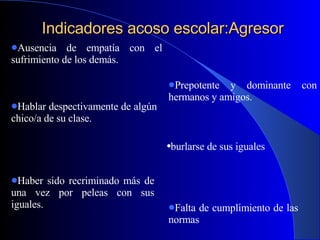 Indicadores acoso escolar:Agresor Haber sido recriminado más de una vez por peleas con sus iguales. Prepotente y dominante con hermanos y amigos. Falta de cumplimiento de las normas  burlarse de sus iguales  Ausencia de empatía con el sufrimiento de los demás. Hablar despectivamente de algún chico/a de su clase.  