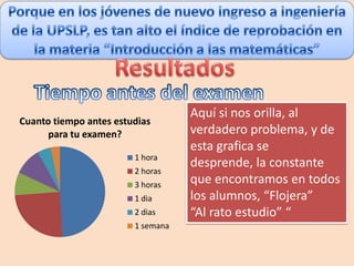 Aquí si nos orilla, al
Cuanto tiempo antes estudias
      para tu examen?              verdadero problema, y de
                                   esta grafica se
                        1 hora
                                   desprende, la constante
                        2 horas
                        3 horas    que encontramos en todos
                        1 dia      los alumnos, “Flojera”
                        2 dias     “Al rato estudio” “
                        1 semana
 