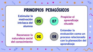 PRINCIPIOS PEDAGÓGICOS
05
Estimular la
motivación
intríseca del
alumno
06
Reconocer la
naturaleza social
del conocimiento
07
08
Entender la
evaluación como un
proceso relacionado
con la planeación del
aprendizaje
Propiciar el
aprendizaje
situado
 