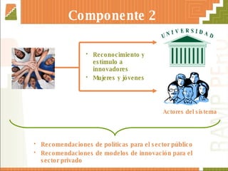 Componente 2   Actores del sistema Reconocimiento y estímulo a innovadores Mujeres y jóvenes Recomendaciones de políticas para el sector público Recomendaciones de modelos de innovación para el sector privado 