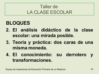 Taller de  LA CLASE ESCOLAR BLOQUES El análisis didáctico de la clase escolar: una mirada posible. Teoría y práctica: dos caras de una misma moneda. El conocimiento: su derrotero y transformaciones. Equipo de Inspectores de Educación Primaria de La Matanza 