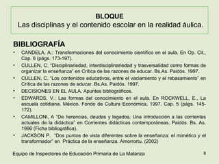 BIBLIOGRAFÍA CANDELA, A.: Transformaciones del conocimiento científico en el aula. En Op. Cit., Cap. 6 (págs. 173-197). CULLEN, C. “Disciplinariedad, interdisciplinariedad y trasversalidad como formas de organizar la enseñanza” en Crítica de las razones de educar. Bs.As. Paidós. 1997. CULLEN, C. “Los contenidos educativos, entre el vaciamiento y el rebasamiento” en Crítica de las razones de educar. Bs.As. Paidós. 1997. DECISIONES EN EL AULA. Apuntes bibliográficos. EDWARDS, V.: Las formas del conocimiento en el aula. En ROCKWELL, E., La escuela cotidiana. México. Fondo de Cultura Económica, 1997. Cap. 5 (págs. 145-172). CAMILLONI, A “De herencias, deudas y legados. Una introducción a las corrientes actuales de la didáctica” en Corrientes didácticas contemporáneas. Paidós. Bs. As. 1996 (Ficha bibliográfica). JACKSON P.  “Dos puntos de vista diferentes sobre la enseñanza: el mimético y el transformador” en  Práctica de la enseñanza. Amorrortu. (2002) BLOQUE  Las disciplinas y el contenido escolar en la realidad áulica. Equipo de Inspectores de Educación Primaria de La Matanza 