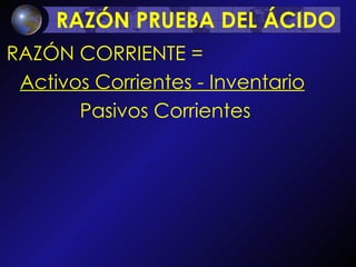 RAZÓN PRUEBA DEL ÁCIDO RAZÓN CORRIENTE = Activos Corrientes - Inventario   Pasivos Corrientes  