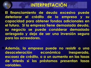 INTERPRETACIÓN   El financiamiento de deuda excesivo puede deteriorar el crédito de la empresa y su capacidad para obtener fondos adicionales en el futuro.  Si la empresa tiene demasiada deuda, su negocio se puede considerar demasiado arriesgado y deja de ser una inversión segura para los acreedores.  Además, la empresa puede no resistir a una desaceleración económica inesperada, escasez de crédito, o a un aumento en las tasas de interés si los préstamos presentan tasas variables.  