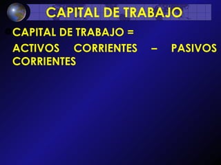 CAPITAL DE TRABAJO CAPITAL DE TRABAJO =  ACTIVOS CORRIENTES – PASIVOS CORRIENTES 