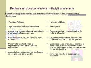 Régimen sancionador electoral y disciplinario interno Partidos Políticos Agrupaciones políticas nacionales Aspirantes, precandidatos y candidatos a cargos de elección popular Ciudadanos o cualquier persona física o moral Observadores electorales u organizaciones de observadores electorales Autoridades o servidores de cualquiera de los poderes de la Unión. Notarios públicos Extranjeros Concesionarios y permisionarios de radio o televisión Organizaciones de ciudadanos que pretendan formar un partido político Organizaciones sindicales, laborales o patronales o de cualquier otra índole que no tengan por objeto la creación de un partido político Ministros de culto o asociaciones religiosas Sujetos de responsabilidad por infracciones cometidas a las disposiciones electorales 