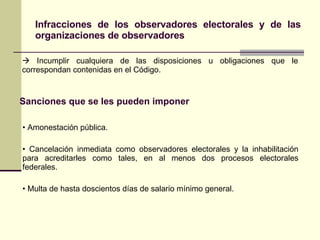 Infracciones de los observadores electorales y de las organizaciones de observadores    Incumplir cualquiera de las disposiciones u obligaciones que le correspondan contenidas en el Código. Sanciones que se les pueden imponer Amonestación pública.  Cancelación inmediata como observadores electorales y la inhabilitación para acreditarles como tales, en al menos dos procesos electorales federales. Multa de hasta doscientos días de salario mínimo general. 