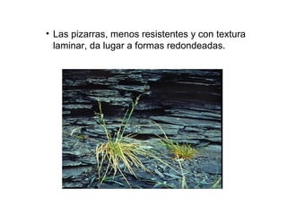Las pizarras, menos resistentes y con textura laminar, da lugar a formas redondeadas. 