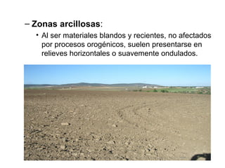 Zonas arcillosas : Al ser materiales blandos y recientes, no afectados por procesos orogénicos, suelen presentarse en relieves horizontales o suavemente ondulados. 