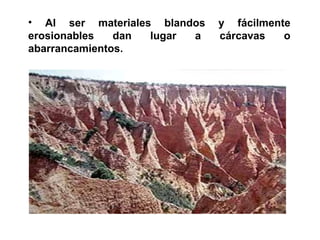 Al ser materiales blandos y fácilmente erosionables dan lugar a cárcavas o abarrancamientos. 