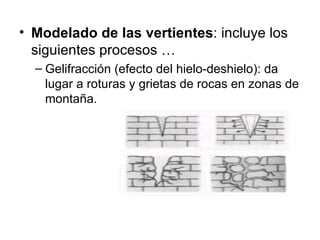 Modelado de las vertientes : incluye los siguientes procesos … Gelifracción (efecto del hielo-deshielo): da lugar a roturas y grietas de rocas en zonas de montaña. 