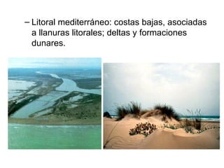 Litoral mediterráneo: costas bajas, asociadas a llanuras litorales; deltas y formaciones dunares. 