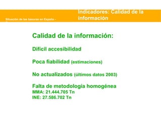 Situación de las basuras en España - Greenpeace Indicadores: Calidad de la información Calidad de la información: Difícil accesibilidad Poca fiabilidad  (estimaciones) No actualizados  (últimos datos 2003) Falta de metodología homogénea MMA: 21.444.705 Tn INE: 27.586.702 Tn 