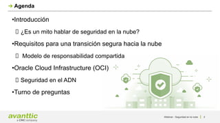 Agenda
Webinar - Seguridad en la nube 2
•Introducción
¿Es un mito hablar de seguridad en la nube?
•Requisitos para una transición segura hacia la nube
Modelo de responsabilidad compartida
•Oracle Cloud Infrastructure (OCI)
Seguridad en el ADN
•Turno de preguntas
 