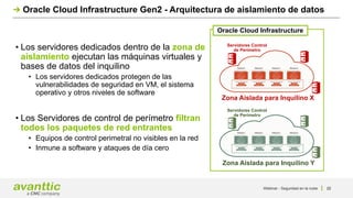 22
Oracle Cloud Infrastructure Gen2 - Arquitectura de aislamiento de datos
Servidores Control
de Perímetro
Zona Aislada para Inquilino X
Servidores Control
de Perímetro
Zona Aislada para Inquilino Y
Oracle Cloud Infrastructure
• Los servidores dedicados dentro de la zona de
aislamiento ejecutan las máquinas virtuales y
bases de datos del inquilino
• Los servidores dedicados protegen de las
vulnerabilidades de seguridad en VM, el sistema
operativo y otros niveles de software
• Los Servidores de control de perímetro filtran
todos los paquetes de red entrantes
• Equipos de control perimetral no visibles en la red
• Inmune a software y ataques de día cero
Webinar - Seguridad en la nube
 