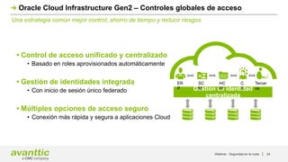 Webinar - Seguridad en la nube 24
Una estrategia común mejor control, ahorro de tiempo y reducir riesgos
Oracle Cloud Infrastructure Gen2 – Controles globales de acceso
• Control de acceso unificado y centralizado
• Basado en roles aprovisionados automáticamente
• Gestión de identidades integrada
• Con inicio de sesión único federado
• Múltiples opciones de acceso seguro
• Conexión más rápida y segura a aplicaciones Cloud
Gestión de identidad
centralizada
ER
P
HC
M
C
X
Tercer
os
SC
M
 