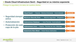 Aislamiento Bare Metal – Hosts físicos dedicados
Autonomous Linux – Ksplice Parcheo en vivo Informes
Autonomous Database – Auto-Parcheo Automatizado
Maximum Security Zone – Máxima seguridad Obligatorio
Cloud Guard – Scaneo Elimina Amenazas Automatizado
• Seguridad siempre
activa
• Automatización
• Protección de cada
capa de la pila
Infra
OS
DB
Políticas
Protección
Proteger la seguridad y los datos de nuestros clientes
Oracle Cloud Infrastructure Gen2 – Seguridad en su máximo exponente
Webinar - Seguridad en la nube 26
 
