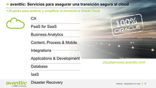cloudservices.avanttic.com
CX
PaaS for SaaS
Business Analytics
Content, Process & Mobile
Integrations
Applications & Development
Database
IaaS
Disaster Recovery
+30 packs para acelerar y simplificar la transición a Oracle Cloud
avanttic: Servicios para asegurar una transición segura al cloud
37
Webinar - Seguridad en la nube
 