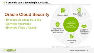 Webinar - Seguridad en la nube 40
Contando con la tecnología adecuada..
Oracle Cloud Security
▪ En todas las capas de la pila
▪ Servicios integrados
▪ Entornos Cloud y locales
Oracle Cloud Infrastructure | Oracle Autonomous Database | Nube híbrida
Visibilidad y
control
Gestión de
identidades
y acceso
Usuarios
Aplicaciones
Datos
Infraestructura
Seguridad de los
datos
Seguridad y
resiliencia de las
aplicaciones
Conformidad
 
