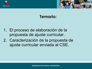 El proceso de elaboración de la propuesta de ajuste curricular. Caracterización de la propuesta de ajuste curricular enviada al CSE. Temario: 
