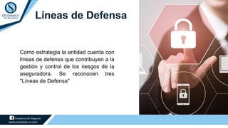 Líneas de Defensa
Como estrategia la entidad cuenta con
líneas de defensa que contribuyen a la
gestión y control de los riesgos de la
aseguradora. Se reconocen tres
"Líneas de Defensa"
 