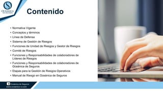 Contenido
• Normativa Vigente
• Conceptos y términos
• Línea de Defensa
• Sistema de Gestión de Riesgos
• Funciones de Unidad de Riesgos y Gestor de Riesgos
• Comité de Riesgos
• Funciones y Responsabilidades de colaboradores de
Líderes de Riesgos
• Funciones y Responsabilidades de colaboradores de
Oceánica de Seguros
• Etapas para la Gestión de Riesgos Operativos
• Manual de Riesgo en Oceánica de Seguros
 