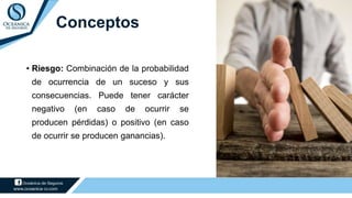 • Riesgo: Combinación de la probabilidad
de ocurrencia de un suceso y sus
consecuencias. Puede tener carácter
negativo (en caso de ocurrir se
producen pérdidas) o positivo (en caso
de ocurrir se producen ganancias).
Conceptos
 