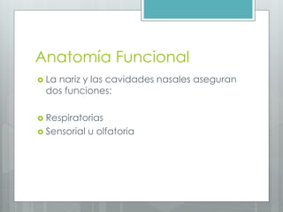 Anatomía Funcional 
 La nariz y las cavidades nasales aseguran 
dos funciones: 
 Respiratorias 
 Sensorial u olfatoria 
 