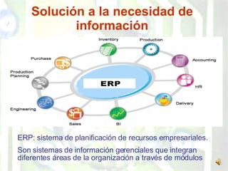 Solución a la necesidad de información ERP: sistema de planificación de recursos empresariales. Son sistemas de información gerenciales que integran diferentes áreas de la organización a través de módulos 