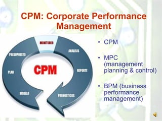 CPM: Corporate Performance Management CPM  MPC (management planning & control) BPM (business performance management) 