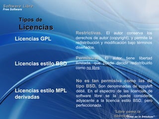 ““Libre como laLibre como la
libertad”libertad”
Free Software
“Free as in freedom”
Software LibreSoftware Libre
Tipos deTipos de
LicenciasLicencias
Licencias GPL
Licencias estilo BSD
Licencias estilo MPL
derivadas
Restrictivas. El autor conserva los
derechos de autor (copyright), y permite la
redistribución y modificación bajo términos
diseñados.
Permisivas. El autor tiene libertad
ilimitada, que puede decidir redistribuirlo
como no libre.
No es tan permisiva como las de
tipo BSD.. Son denominadas de copyleft
débil. En el espectro de las licencias de
software libre se la puede considerar
adyacente a la licencia estilo BSD, pero
perfeccionada.
 