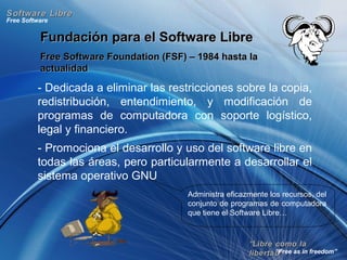 Fundación para el Software LibreFundación para el Software Libre
Free Software Foundation (FSF) – 1984 hasta laFree Software Foundation (FSF) – 1984 hasta la
actualidadactualidad
““Libre como laLibre como la
libertad”libertad”
Free Software
“Free as in freedom”
Software LibreSoftware Libre
- Dedicada a eliminar las restricciones sobre la copia,
redistribución, entendimiento, y modificación de
programas de computadora con soporte logístico,
legal y financiero.
- Promociona el desarrollo y uso del software libre en
todas las áreas, pero particularmente a desarrollar el
sistema operativo GNU
Administra eficazmente los recursos, del
conjunto de programas de computadora
que tiene el Software Libre…
 