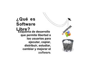¿Qué es¿Qué es
SoftwareSoftware
Libre?Libre?Esquema de desarrollo
que permite libertad a
los usuarios para
ejecutar, copiar,
distribuir, estudiar,
cambiar y mejorar el
softwaresoftware.
 