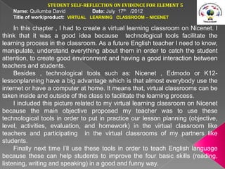 STUDENT SELF-REFLECTION ON EVIDENCE FOR ELEMENT 5
    Name: Quilumba David            Date: July 17th /2012
    Title of work/product: VIRTUAL LEARNING CLASSROOM – NICENET

     In this chapter , I had to create a virtual learning classroom on Nicenet. I
think that it was a good idea because technological tools facilitate the
learning process in the classroom. As a future English teacher I need to know,
manipulate, understand everything about them in order to catch the student
attention, to create good environment and having a good interaction between
teachers and students.
     Besides , technological tools such as: Nicenet , Edmodo or K12-
lessonplanning have a big advantage which is that almost everybody use the
internet or have a computer at home. It means that, virtual classrooms can be
taken inside and outside of the class to facilitate the learning process.
     I included this picture related to my virtual learning classroom on Nicenet
because the main objective proposed my teacher was to use these
technological tools in order to put in practice our lesson planning (objective,
level, activities, evaluation, and homework) in the virtual classroom like
teachers and participating in the virtual classrooms of my partners like
students.
     Finally next time I’ll use these tools in order to teach English language
because these can help students to improve the four basic skills (reading,
listening, writing and speaking) in a good and funny way.
 