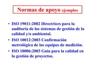 Normas de apoyo ejemplos
• ISO 19011:2002 Directrices para la
auditoría de los sistemas de gestión de la
calidad y/o ambiental.
• ISO 10012:2003 Confirmación
metrológica de los equipos de medición.
• ISO 10006:2003 Guía para la calidad en
la gestión de proyectos.
 