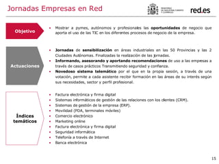 Jornadas Empresas en Red Objetivo Mostrar a pymes, autónomos y profesionales las  oportunidades  de negocio que aporta el uso de las TIC en los diferentes procesos de negocio de la empresa. Actuaciones Jornadas  de  sensibilización  en áreas industriales en las 50 Provincias y las 2 Ciudades Autónomas. Finalizadas la realización de las jornadas. Informando, asesorando y aportando recomendaciones  de uso a las empresas a través de casos prácticos Transmitiendo seguridad y confianza. Novedoso sistema telemático  por el que en la propia sesión, a través de una votación, permite a cada asistente recibir formación en las áreas de su interés según sus necesidades, sector y perfil profesional. Índices temáticos Factura electrónica y firma digital  Sistemas informáticos de gestión de las relaciones con los clientes (CRM). Sistemas de gestión de la empresa (ERP). Movilidad (PDA, terminales móviles)  Comercio electrónico  Marketing online Factura electrónica y firma digital  Seguridad informática  Telefonía a través de Internet  Banca electrónica 
