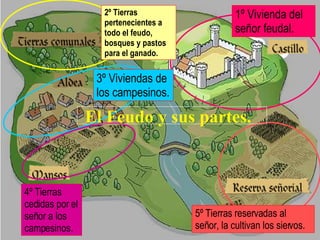 2º Tierras pertenecientes a todo el feudo, bosques y pastos para el ganado. 1º Vivienda del señor feudal. 3º Viviendas de los campesinos. 4º Tierras cedidas por el señor a los campesinos. 5º Tierras reservadas al señor, la cultivan los siervos. El Feudo y sus partes.   