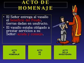 ACTO DE HOMENAJE El Señor entrega al vasallo el  beneficio del Feudo , tierras dadas en usufructo. El vasallo estaba obligado a prestar servicios a su Señor:  ayuda y consejo . ACTO DE  HOMENAJE ACTO DE FE ACTO DE LA INVESTIDURA 