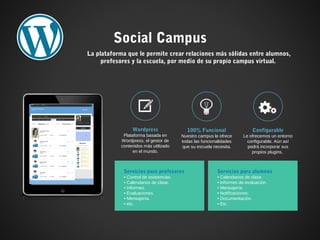 Social Campus
La plataforma que le permite crear relaciones más sólidas entre alumnos,
profesores y la escuela, por medio de su propio campus virtual.
Wordpress
Plataforma basada en
Wordpress, el gestor de
contenidos más utilizado
en el mundo.
100% Funcional
Nuestro campus le ofrece
todas las funcionalidades
que su escuela necesita.
Configurable
Le ofrecemos un entorno
configurable. Aún así
podrá incorporar sus
propios plugins.
Servicios para alumnos
• Calendarios de clase.
• Informes de evaluación.
• Mensajería:
• Notificaciones:
• Documentación.
• Etc.
Servicios para profesores
• Control de asistencias.
• Calendarios de clase.
• Informes.
• Evaluaciones.
• Mensajería.
• etc.
 
