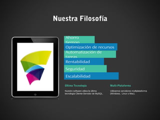 Nuestra Filosofía
Ahorro
tiempo
Optimización de recursos
Automatización de
tareas
Rentabilidad
Seguridad
Escalabilidad
Última Tecnología
Nuestro software utiliza la última
tecnología Cliente-Servidor de MySQL.
Multi-Plataforma
Utilizamos servidores multiplataforma
(Windows, Linux o Mac).
 