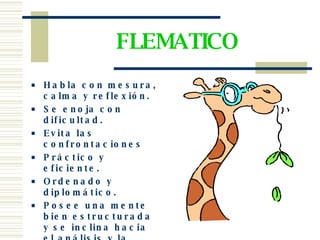 Habla con mesura, calma y reflexión. Se enoja con dificultad. Evita las confrontaciones Práctico y eficiente. Ordenado y diplomático. Posee una mente bien estructurada y se inclina hacia el análisis y la deducción. Equilibrado y sereno. FLEMATICO 