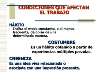 CONDICIONES QUE AFECTAN  EL TRABAJO HÁBITO Indica el modo constante, o al menos frecuente, de obrar de una determinada manera. COSTUMBRE Es un hábito obtenido a partir de experiencias múltiples pasadas. CREENCIA Es una idea viva relacionada o asociada con una impresión presente. 
