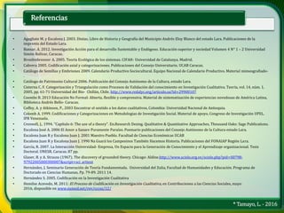 * Tamayo, L. - 2016
Referencias
• Agagliate M. y Escalona J. 2003. Dintas. Libro de Historia y Geografía del Municipio Andrés Eloy Blanco del estado Lara. Publicaciones de la
imprenta del Estado Lara.
• Bansar, A. 2012. Investigación Acción para el desarrollo Sustentable y Endógeno. Educación superior y sociedad Volumen 4 N° 1 – 2 Universidad
Simón Bolívar, Caracas.
• Bronfenbrenner A. 2005. Teoría Ecológica de los sistemas. CIFAH- Universidad de Catalunya. Madrid.
• Cabrera 2005. Codificación axial y categorizaciones. Publicaciones del Consejo Universitario. UCAB Caracas.
• Catálogo de Semillas y Embriones 2009. Calendario Productivo Sociocultural. Equipo Nacional de Calendario Productivo. Material mimeografiado-
.
• Catálogo de Patrimonio Cultural 2006. Publicación del Consejo Autónomo de la Cultura, estado Lara.
• Cisterna C, F. Categorización y Triangulación como Procesos de Validación del conocimiento en Investigación Cualitativa. Teoría, vol. 14, núm. 1,
2005, pp. 61-71 Universidad del Bio- Chillán, Chile. http://www.redalyc.org/articulo.oa?id=29900107
• Coombs B. 2013 Educación No Formal: Abierta, flexible y comprensiva. Material de sistematización de experiencias novedosas de América Latina,
Biblioteca Andrés Bello- Caracas.
• Coffey, A. y Atkinson, P., 2003 Encontrar el sentido a los datos cualitativos, Colombia: Universidad Nacional de Antioquia.
• Colomb A. 1999. Codificaciones y Categorizaciones en Metodologias de Investigación Social. Material de apoyo, Congreso de Investigación UPEL.
IPB Venezuela.
• Creswell, J., 1994. "Capítulo 6: The use of a theory". En.Research Desing. Qualitative & Quantitative Approaches, Thousand Oaks: Sage Publications.
• Escalona José A. 2006 El Amor a Sanare Puramente Paraíso. Poemario publicaciones del Consejo Autónomo de la Cultura estado Lara.
• Escalona Juan R y Escalona Juan J. 2001 Maestro Pueblo. Facultad de Ciencias Económicas UCAB
• Escalona Juan R y Escalona Juan J. 1990 Na Guará los Campesinos También Hacemos Historia. Publicaciones del FONAIAP Región Lara.
• García, R. 2007. La Interacción Universidad- Empresa, Un Espacio para la Generación de Conocimiento y el Aprendizaje organizacional. Tesis
Doctoral. UNESR, Caracas. 87 pp.
• Glaser, B. y A. Strauss (1967). The discovery of grounded theory. Chicago: Aldine.http://www.scielo.org.ve/scielo.php?pid=S0798-
97922005000300007&script=sci_arttext
• Hernández, J. Seminario Generación de Teoría Fundamentada. Universidad del Zulia, Facultad de Humanidades y Educación. Programa de
Doctorado en Ciencias Humanas, Pp. 79-89. 2011 14.
• Hernández S. 2005. Codificación en la Investigación Cualitativa
• Hemilse Acevedo, M. 2011: El Proceso de Codificación en Investigación Cualitativa, en Contribuciones a las Ciencias Sociales, mayo
2016, disponible en www.eumed.net/rev/cccss/12/
 