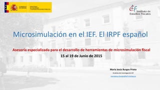 Microsimulación en el IEF. El IRPF español
Asesoría especializada para el desarrollo de herramientas de microsimulación fiscal
15 al 19 de Junio de 2015
María Jesús Burgos Prieto
Analista de Investigación IEF
mariajesus.burgos@ief.minhap.es
 