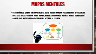 MAPAS MENTALES
• OTRO CLÁSICO. CREAR UN MAPA MENTAL ES LA MEJOR MANERA PARA RESUMIR Y ORGANIZAR
NUESTRAS IDEAS. UN BUEN MAPA MENTAL PUEDE AHORRARNOS MUCHAS HORAS DE ESTUDIO Y
CONSOLIDAR NUESTROS CONOCIMIENTOS DE CARA AL EXAMEN.
 
