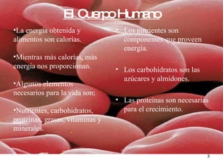 El Cuerpo Humano Los nutrientes son componentes que proveen energía. Los carbohidratos son las azúcares y almidones. Las proteínas son necesarias para el crecimiento. La energía obtenida y alimentos son calorías. Mientras más calorías, más energía nos proporcionan. Algunos elementos necesarios para la vida son; Nutrientes, carbohidratos, proteínas, grasas, vitaminas y minerales. 