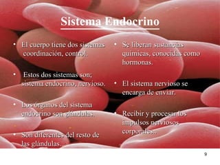 Sistema Endocrino El cuerpo tiene dos sistemas  coordinación, control. Estos dos sistemas son; sistema endocrino, nervioso. Los órganos del sistema endocrino son glándulas.  Son diferentes del resto de las glándulas. Se liberan sustancias químicas, conocidas como hormonas.  El sistema nervioso se encarga de enviar. Recibir y procesar los impulsos nerviosos corporales..   