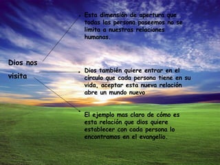 Dios nos  visita Esta dimensión de apertura que todas las persona poseemos no se limita a nuestras relaciones humanas. Dios también quiere entrar en el círculo que cada persona tiene en su vida, aceptar esta nueva relación abre un mundo nuevo El ejemplo mas claro de cómo es esta relación que dios quiere establecer con cada persona lo encontramos en el evangelio. 